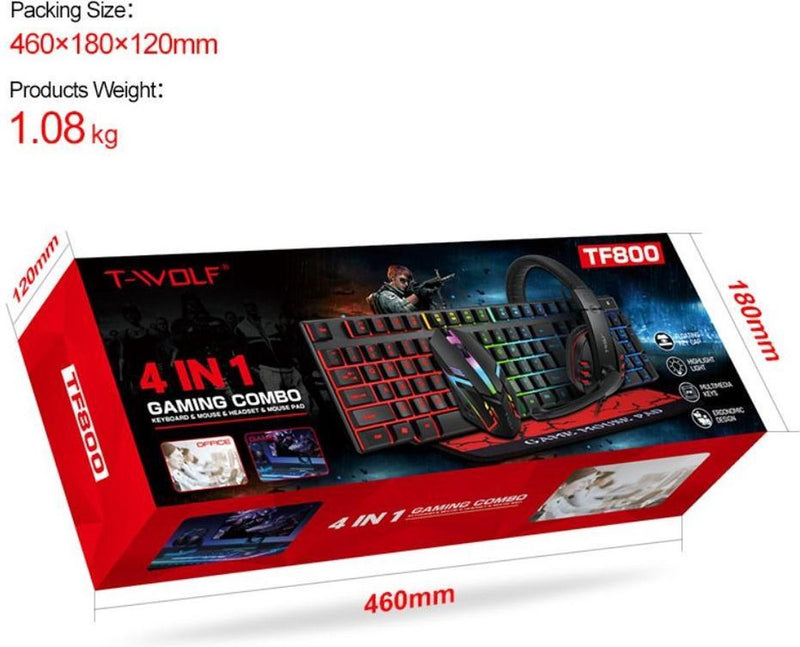 T-WOLF TF800 4-in-1 Gaming Set – RGB Toetsenbord, Muis, Headset en Muismat